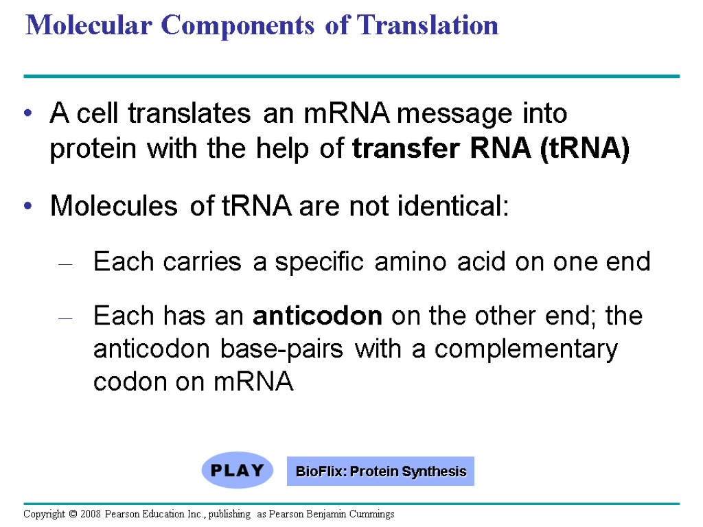 Molecular Components of Translation A cell translates an mRNA message into protein with the